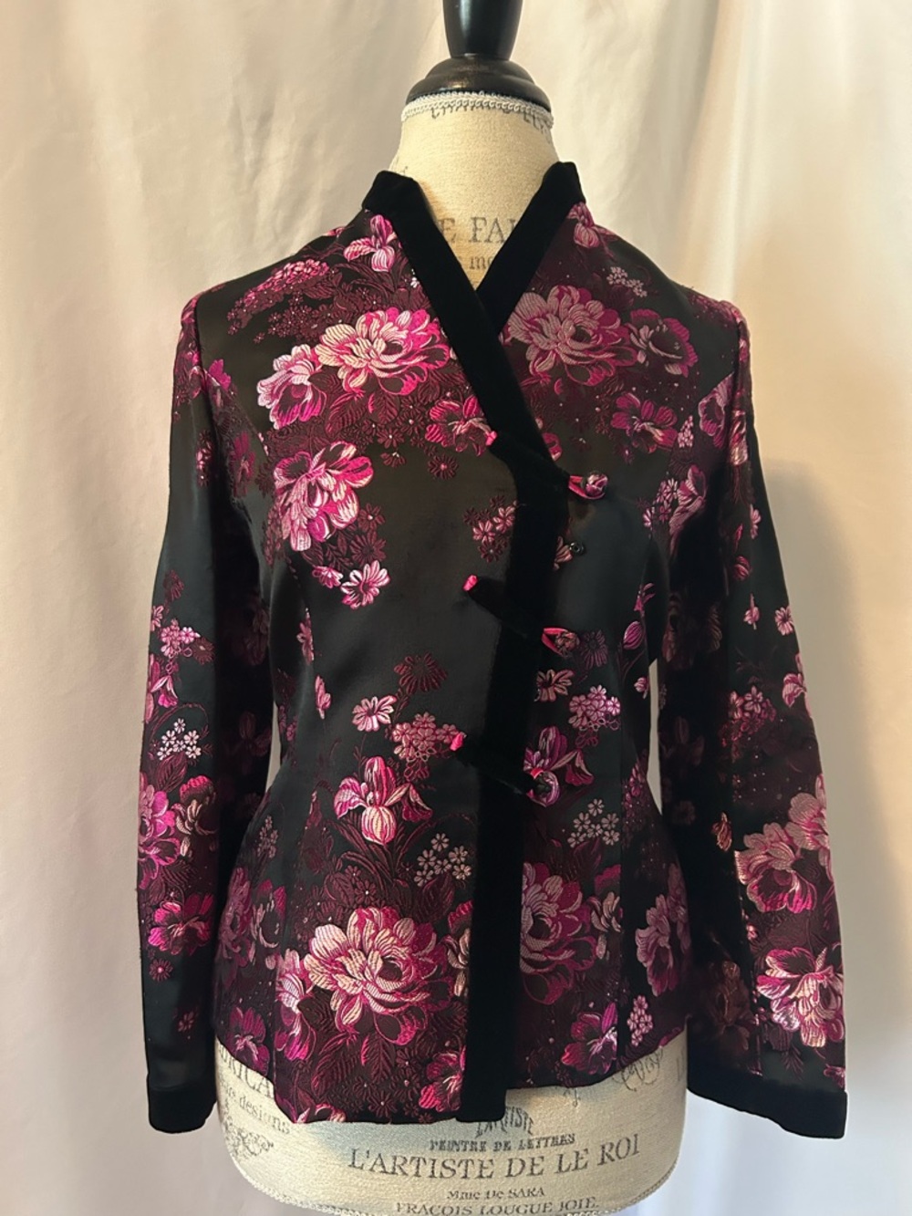 Black Floral Velvet-Trim Blazer with Pink Accents
